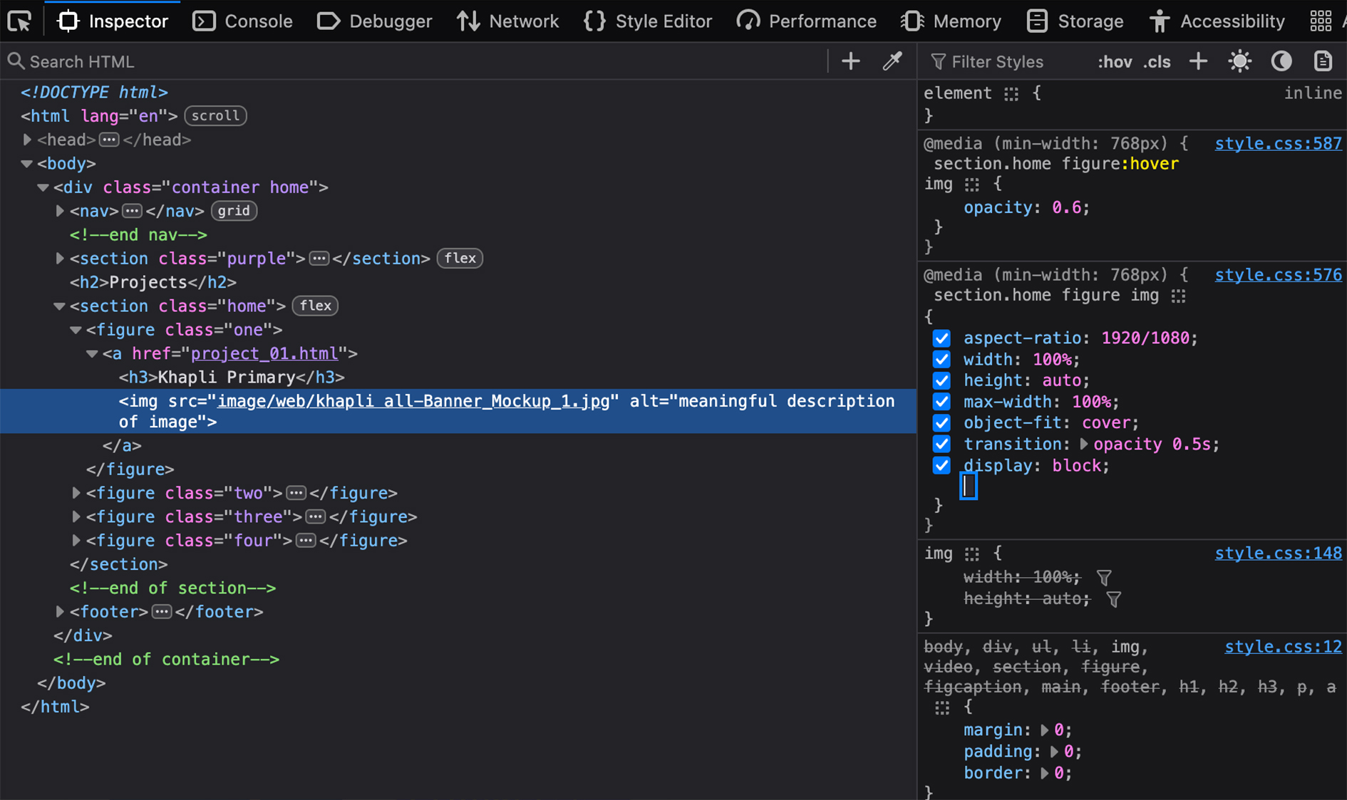 screenshot of the coding for a hover effect